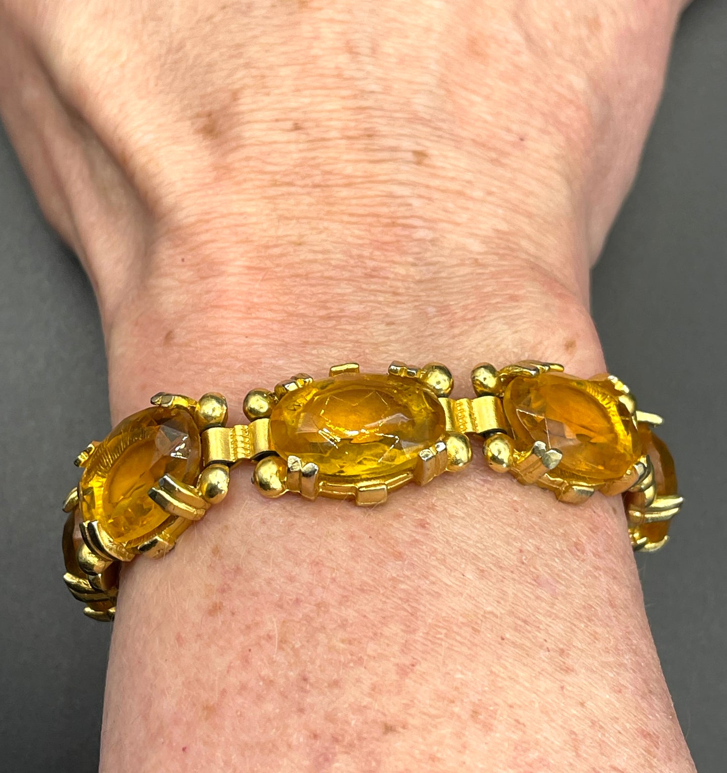 Vintage Sphinx orange citrine / topaz glass riviere necklace and bracelet set, heavy, bezel set, open-backed stones in ornate settings