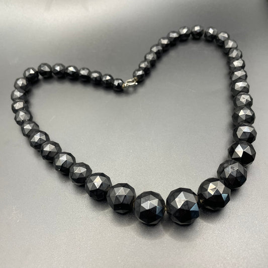 Antique Victorian Whitby jet graduated faceted bead choker necklace, lovely large sized graduated beads, sterling silver clasp