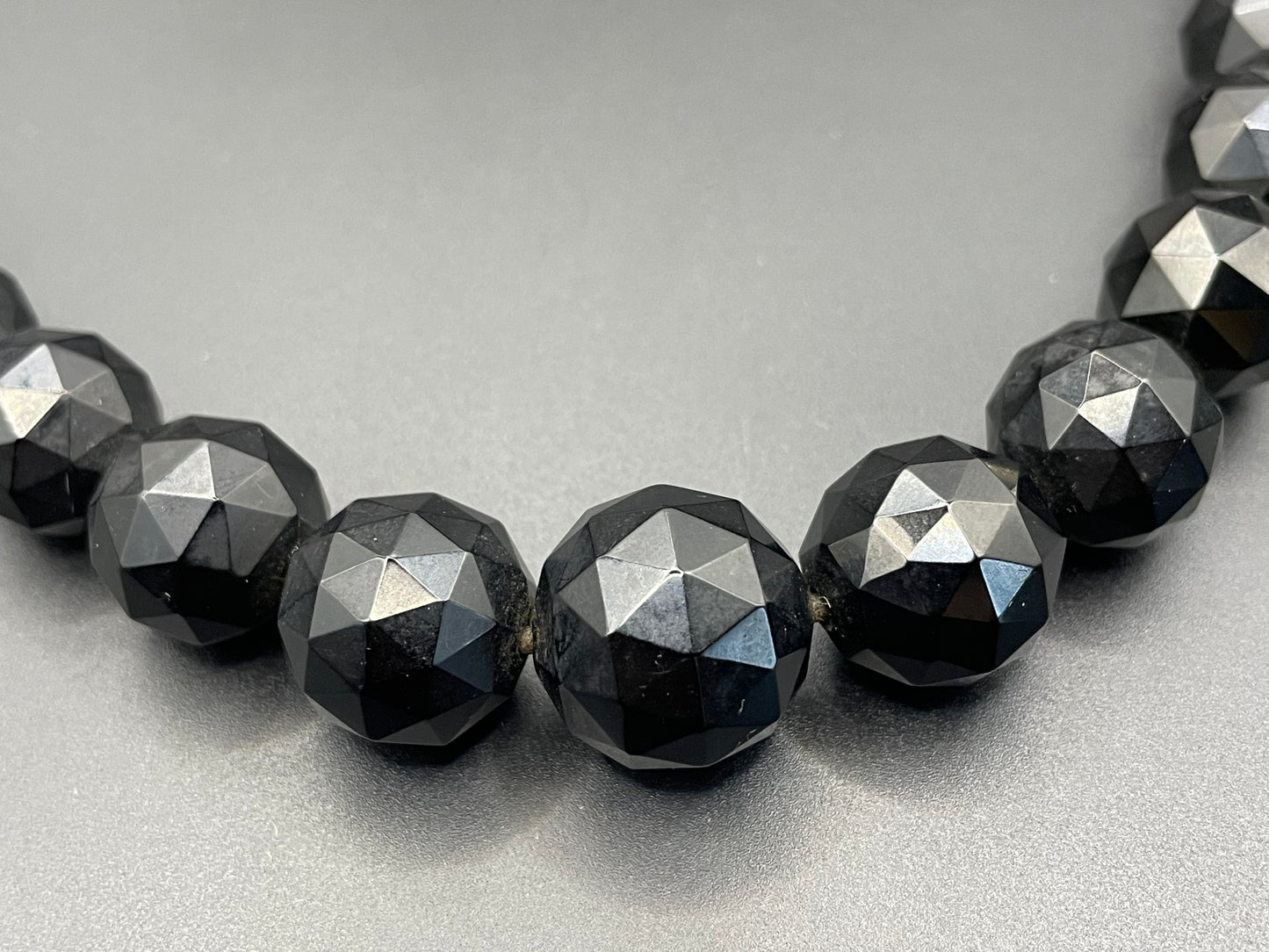 Antique Victorian Whitby jet graduated faceted bead choker necklace, lovely large sized graduated beads, sterling silver clasp