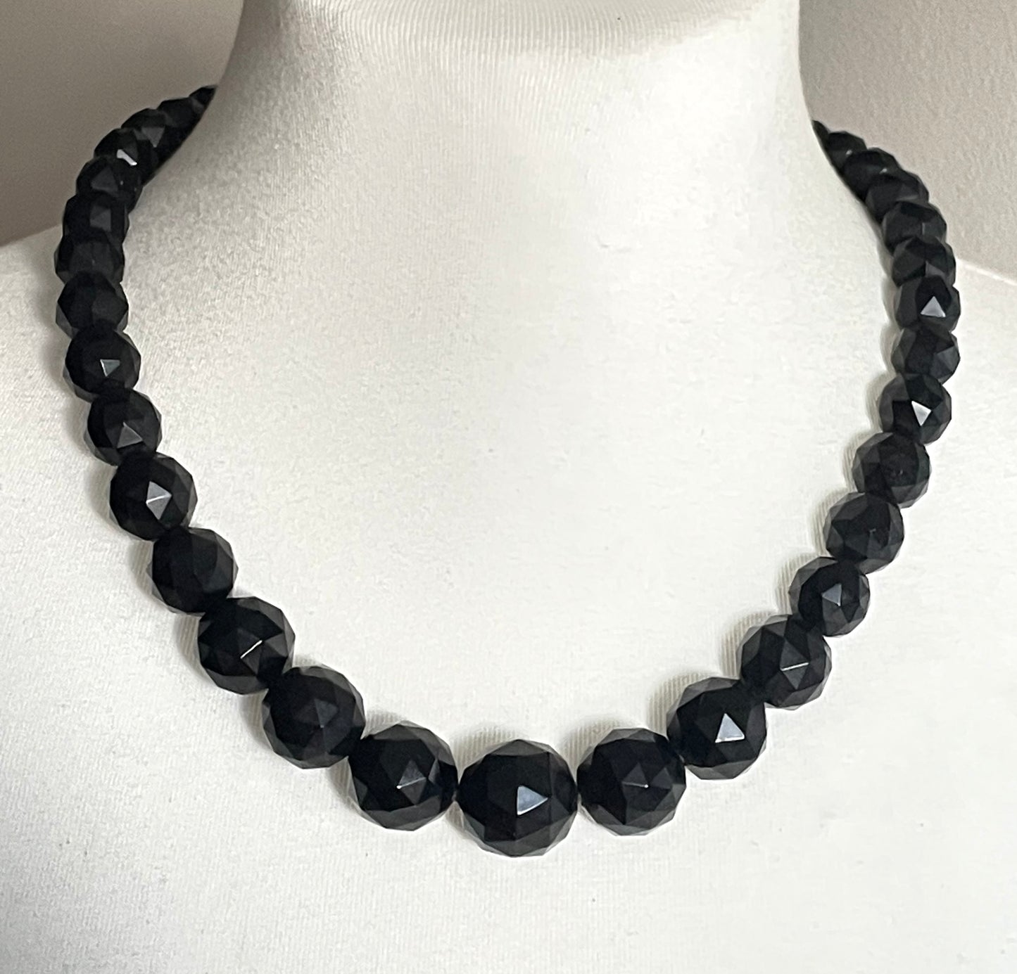 Antique Victorian Whitby jet graduated faceted bead choker necklace, lovely large sized graduated beads, sterling silver clasp
