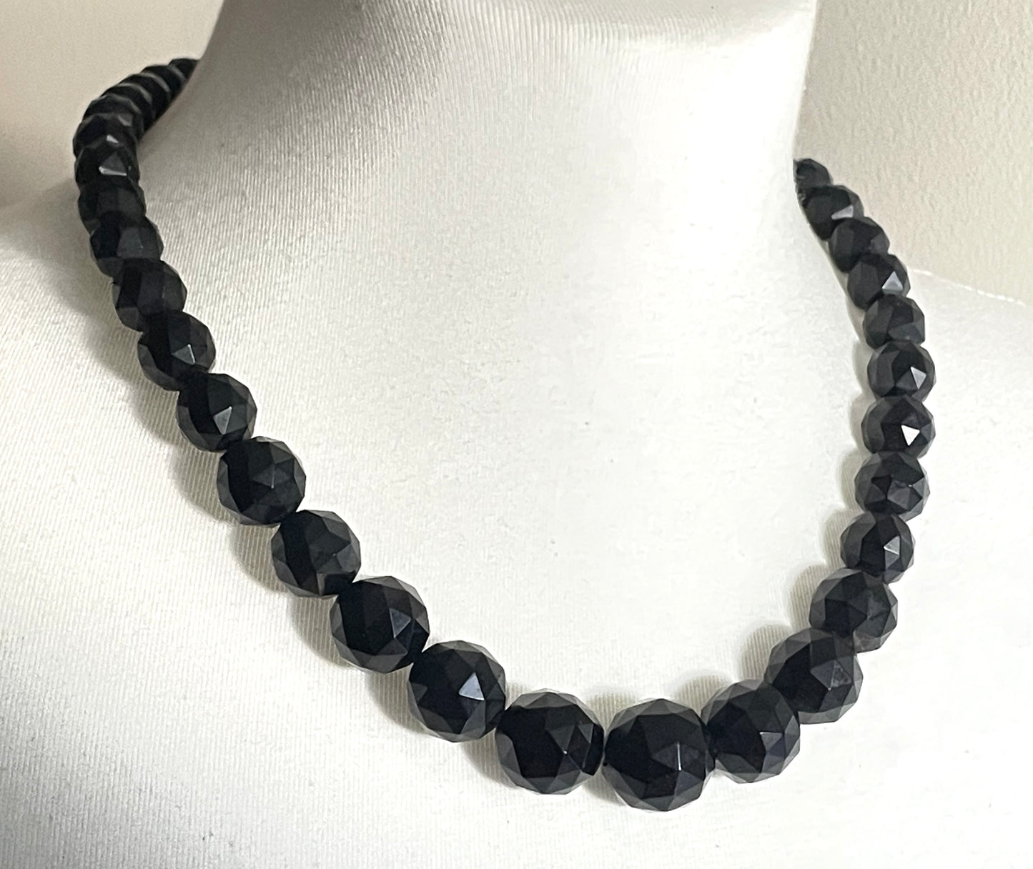 Antique Victorian Whitby jet graduated faceted bead choker necklace, lovely large sized graduated beads, sterling silver clasp