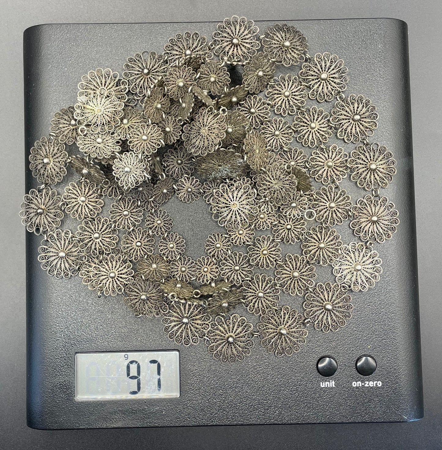 Huge antique silver (tested) filigree, four layer collar bib necklace, 97 grams