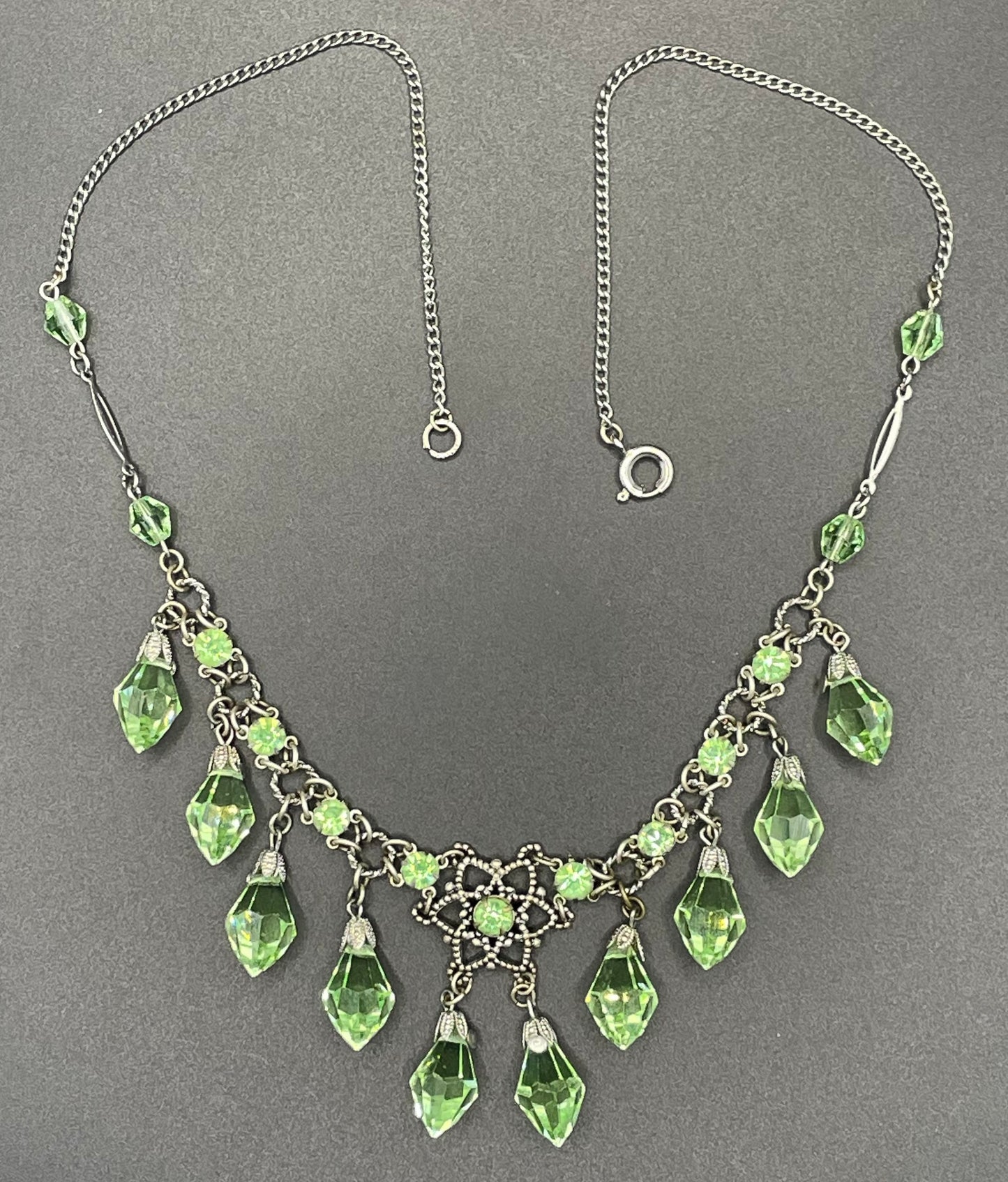 Vintage uranium glass drop and green faceted crystal Art Deco fringe necklace - fabulous beads that glow under UV light