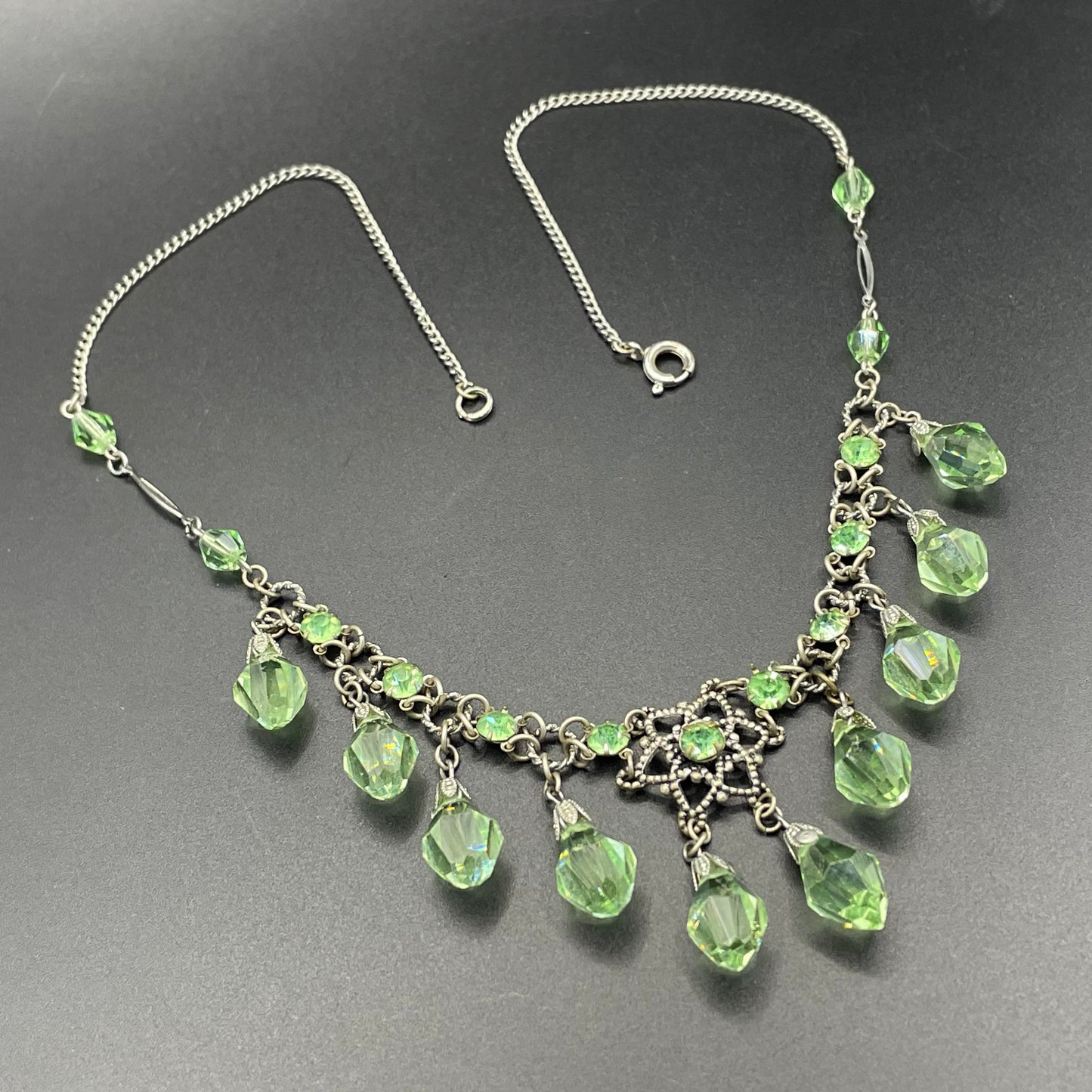 Vintage uranium glass drop and green faceted crystal Art Deco fringe necklace - fabulous beads that glow under UV light