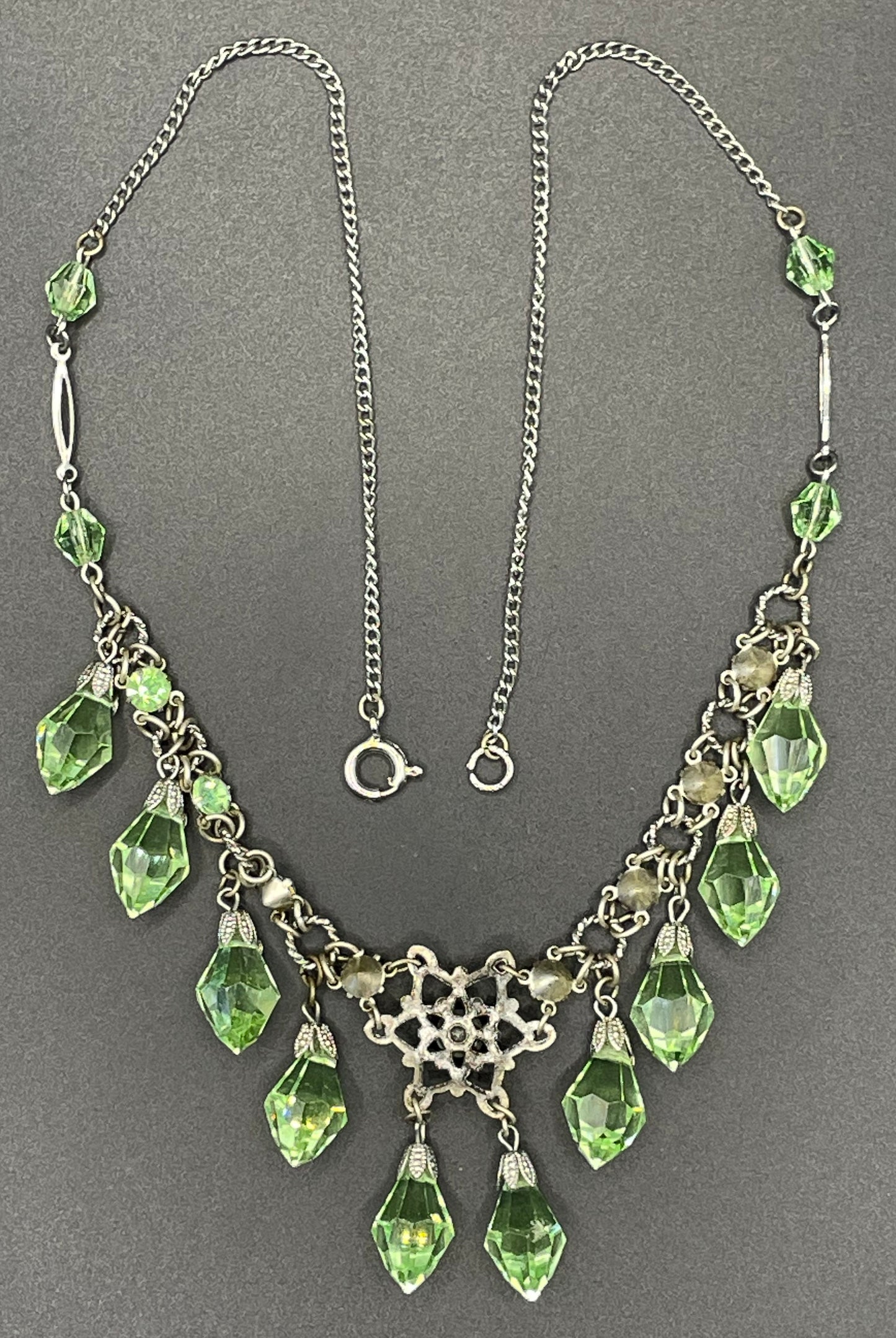 Vintage uranium glass drop and green faceted crystal Art Deco fringe necklace - fabulous beads that glow under UV light