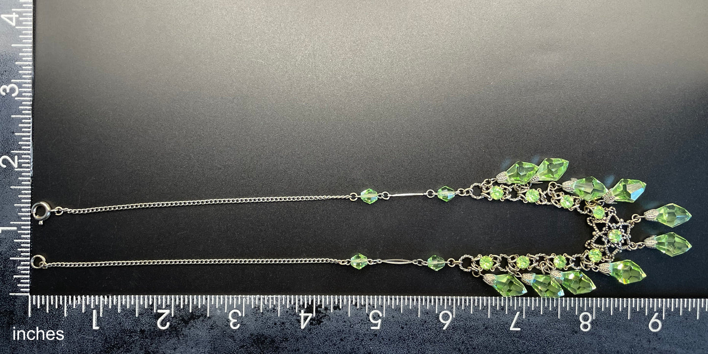 Vintage uranium glass drop and green faceted crystal Art Deco fringe necklace - fabulous beads that glow under UV light