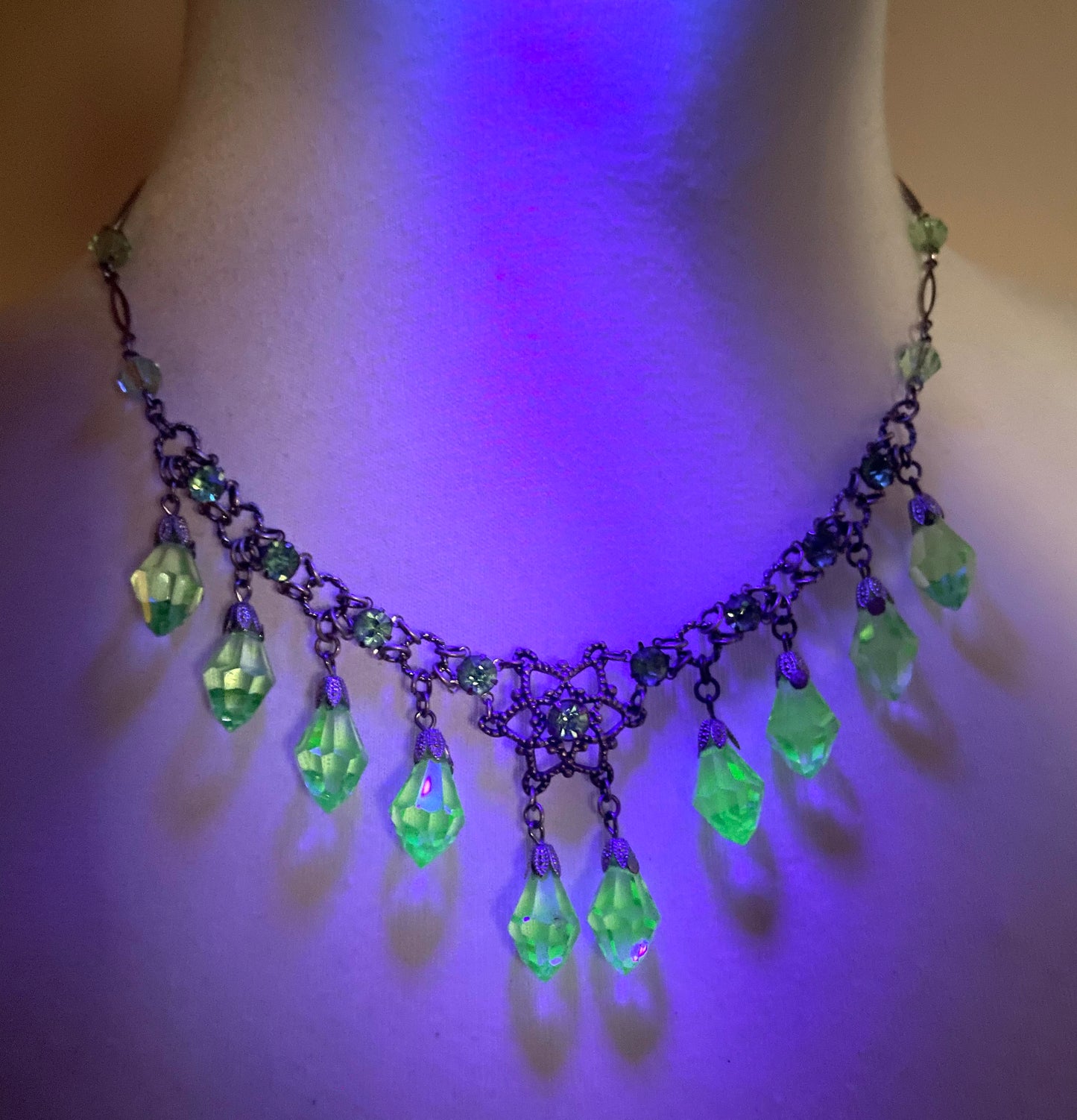Vintage uranium glass drop and green faceted crystal Art Deco fringe necklace - fabulous beads that glow under UV light