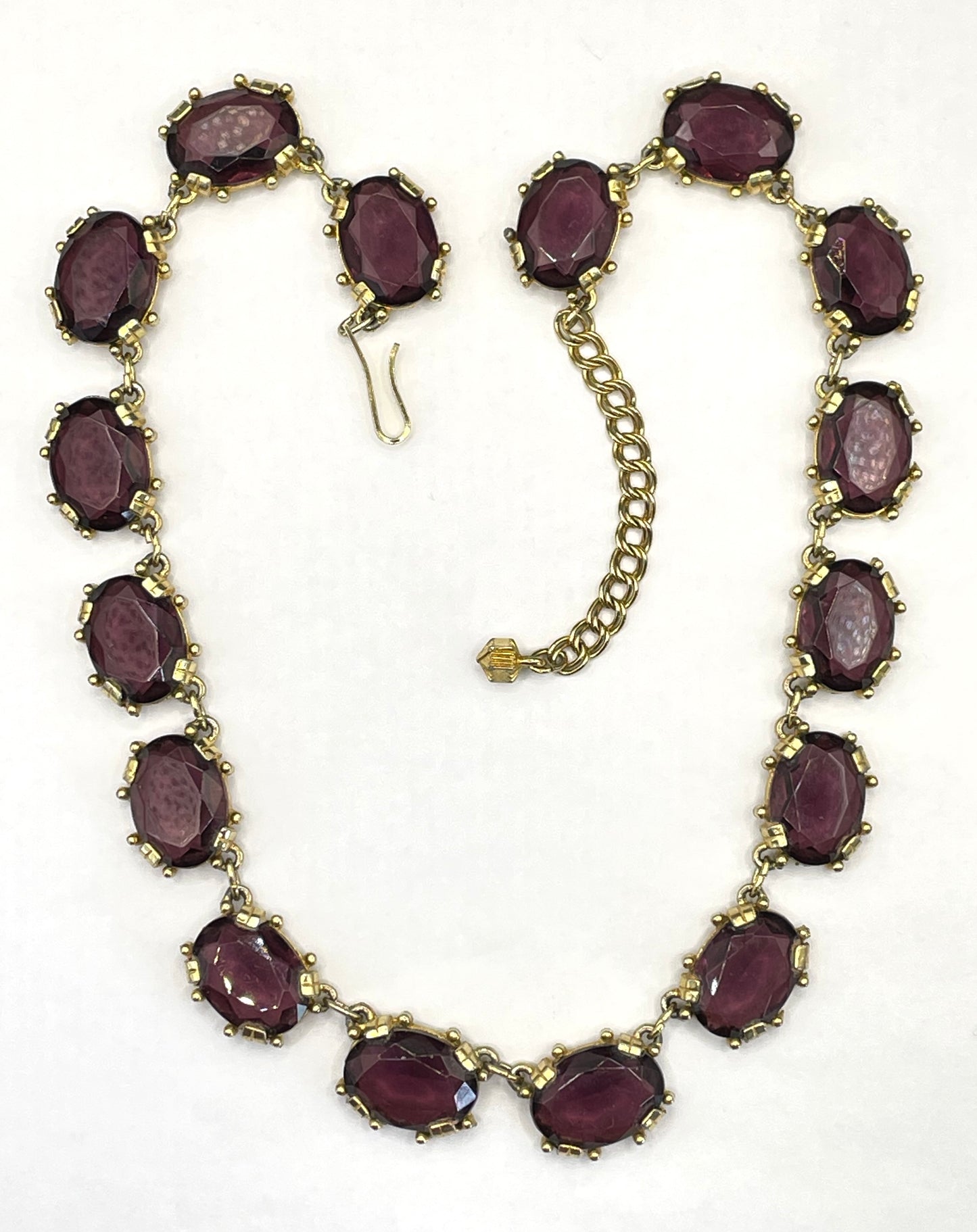 Vintage Sphinx amethyst purple glass riviere necklace, heavy, bezel set, open-backed stones in ornate gold tone settings