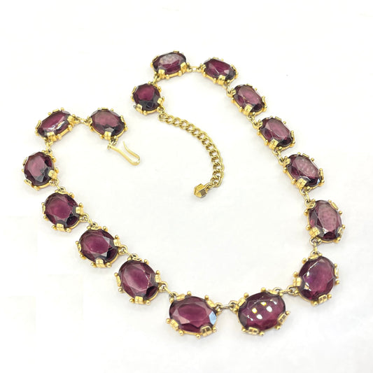 Vintage Sphinx amethyst purple glass riviere necklace, heavy, bezel set, open-backed stones in ornate gold tone settings