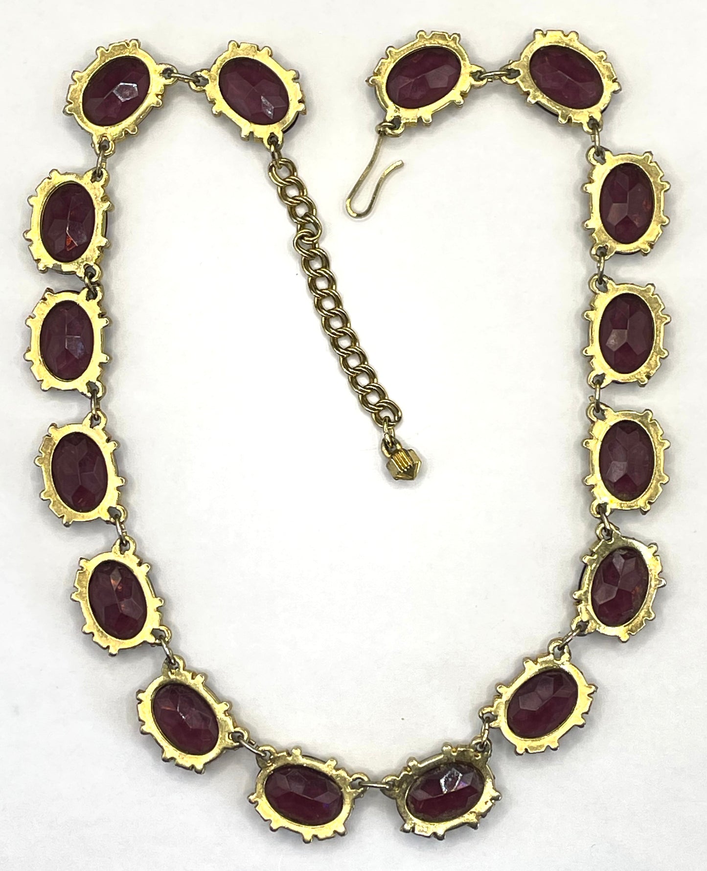 Vintage Sphinx amethyst purple glass riviere necklace, heavy, bezel set, open-backed stones in ornate gold tone settings