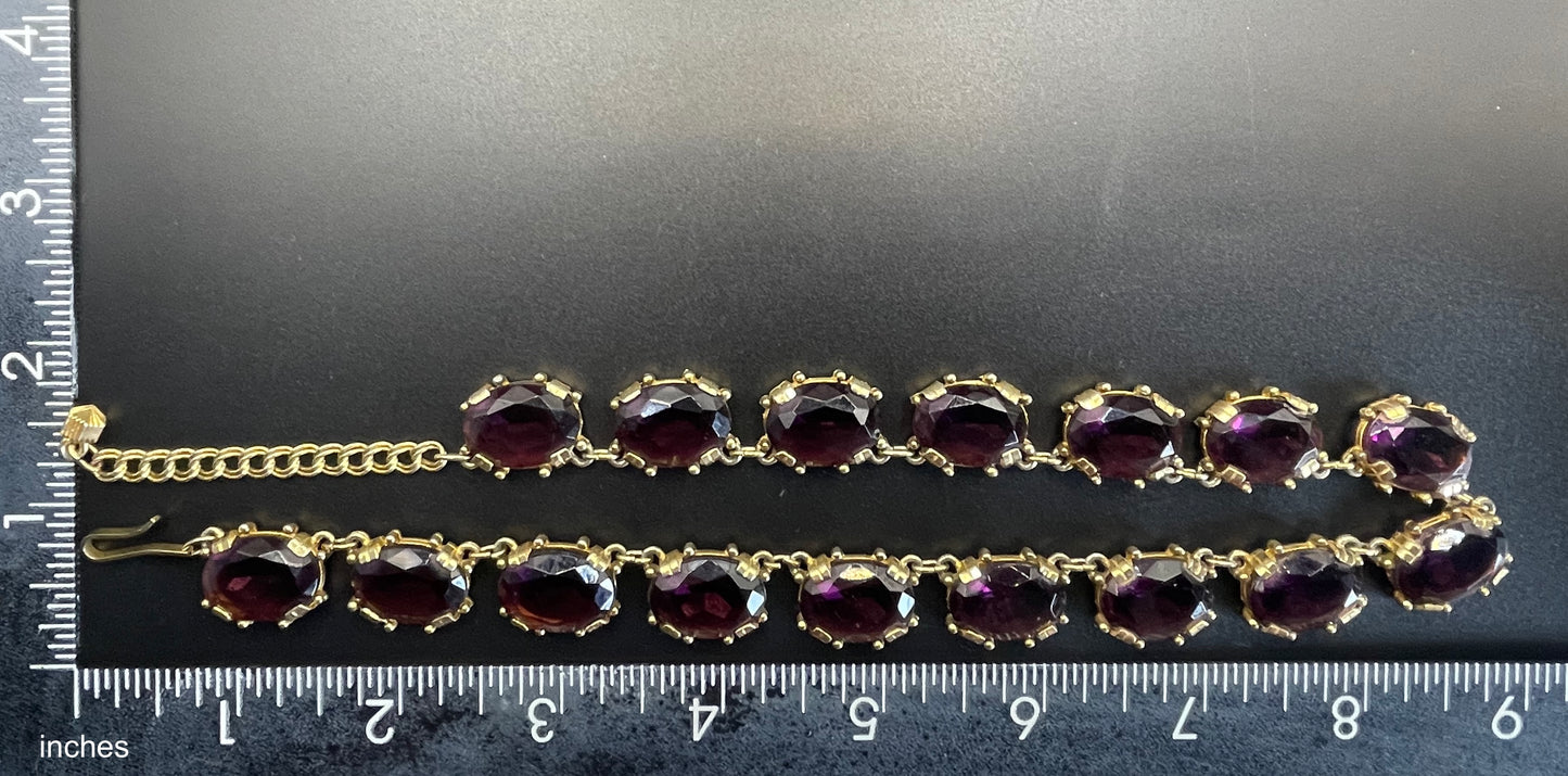 Vintage Sphinx amethyst purple glass riviere necklace, heavy, bezel set, open-backed stones in ornate gold tone settings