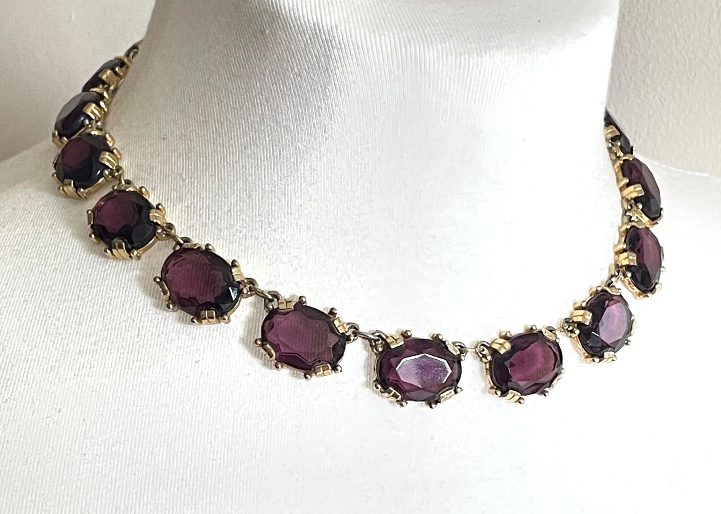 Vintage Sphinx amethyst purple glass riviere necklace, heavy, bezel set, open-backed stones in ornate gold tone settings