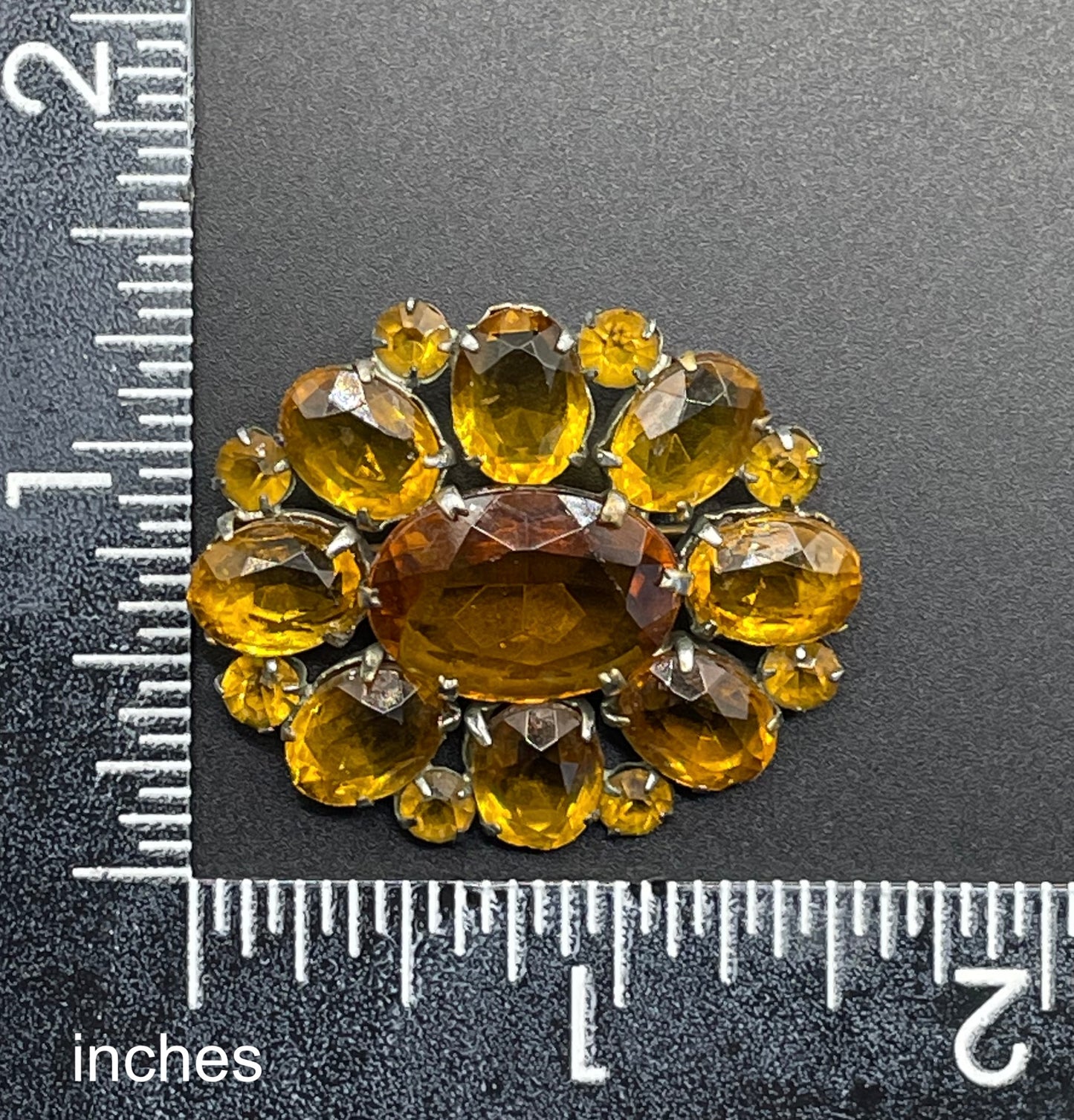Vintage Art Deco citrine yellow glass rhinestone, open-backed, pale antique gold tone brooch pin, stunning sunshine colour