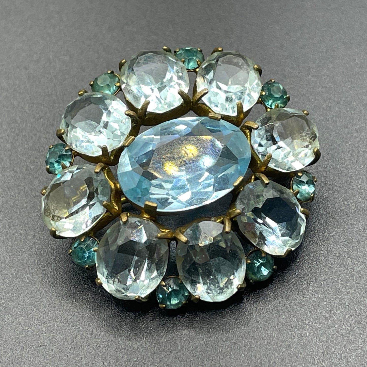 Vintage Art Deco two shades of very pale aqua blue glass rhinestone, open-backed, gold tone brooch pin, stunning colour