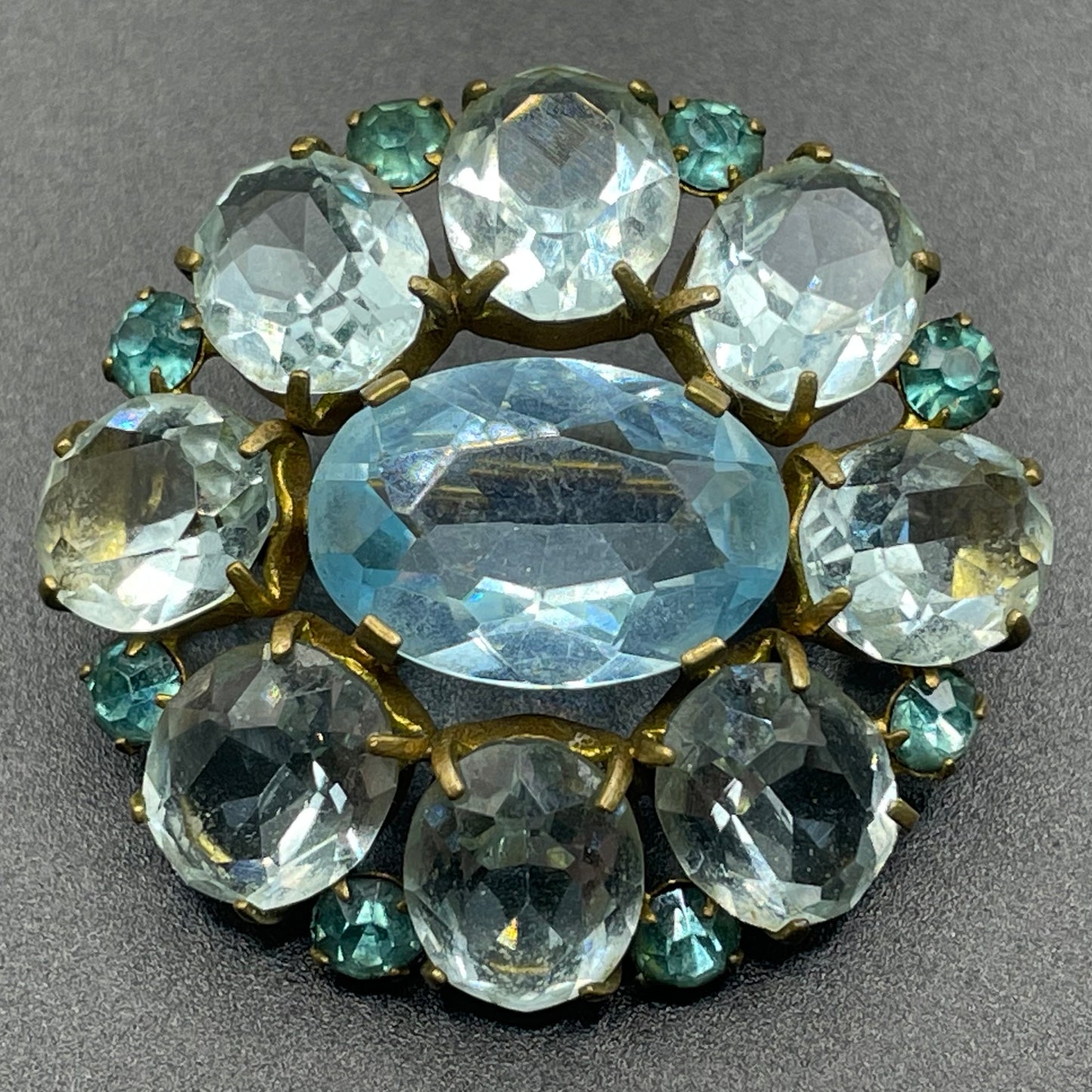 Vintage Art Deco two shades of very pale aqua blue glass rhinestone, open-backed, gold tone brooch pin, stunning colour