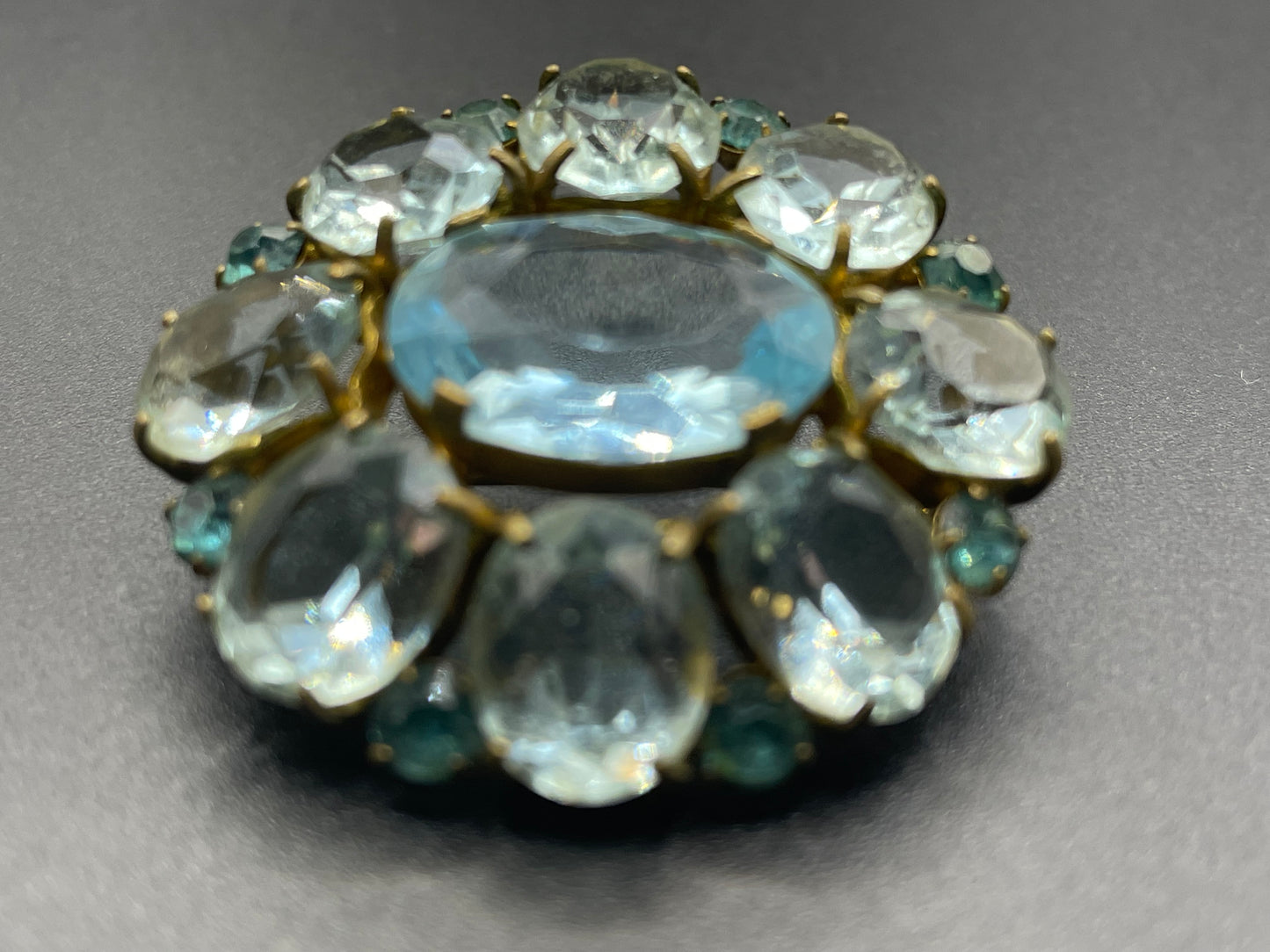 Vintage Art Deco two shades of very pale aqua blue glass rhinestone, open-backed, gold tone brooch pin, stunning colour