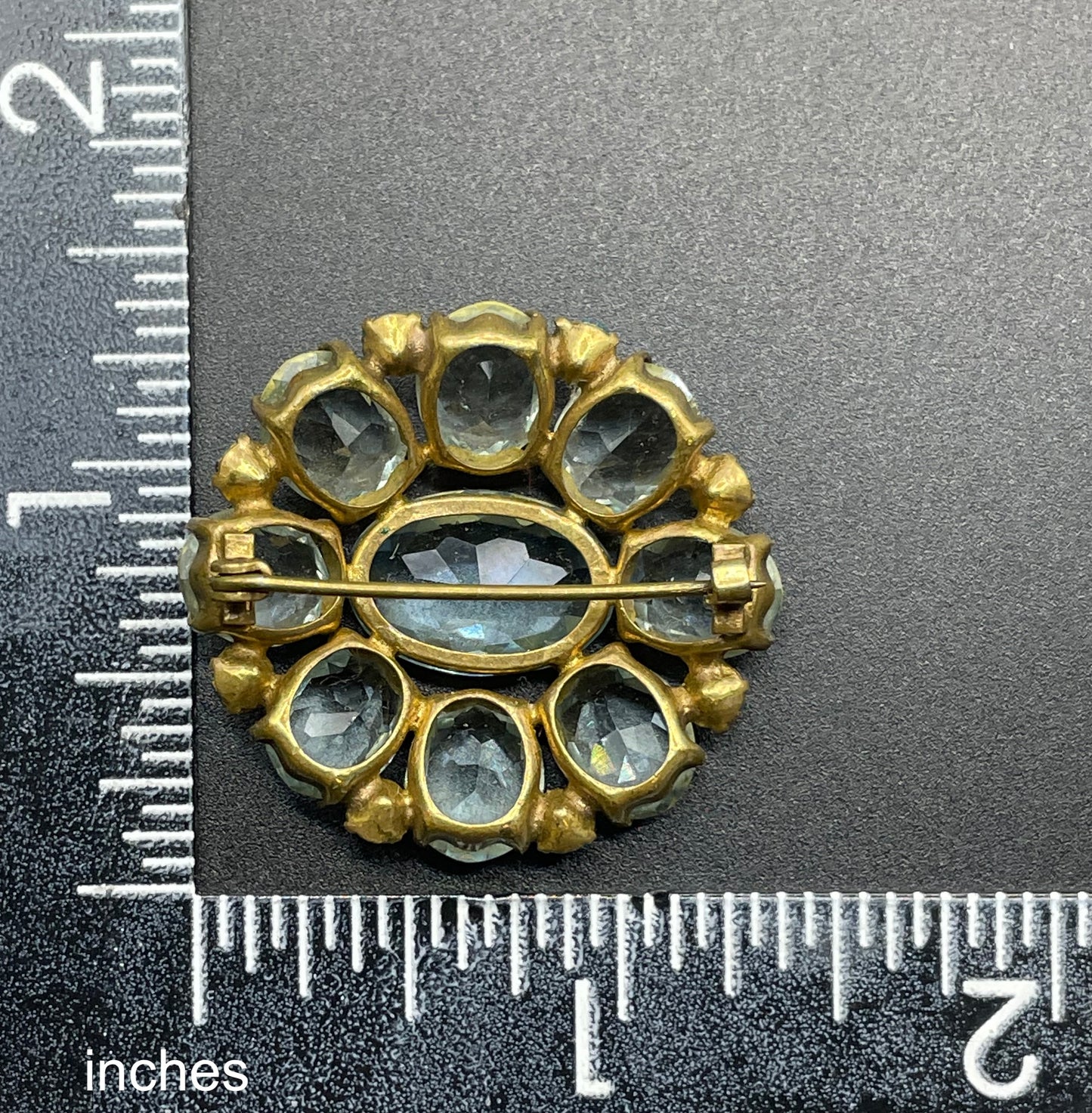 Vintage Art Deco two shades of very pale aqua blue glass rhinestone, open-backed, gold tone brooch pin, stunning colour