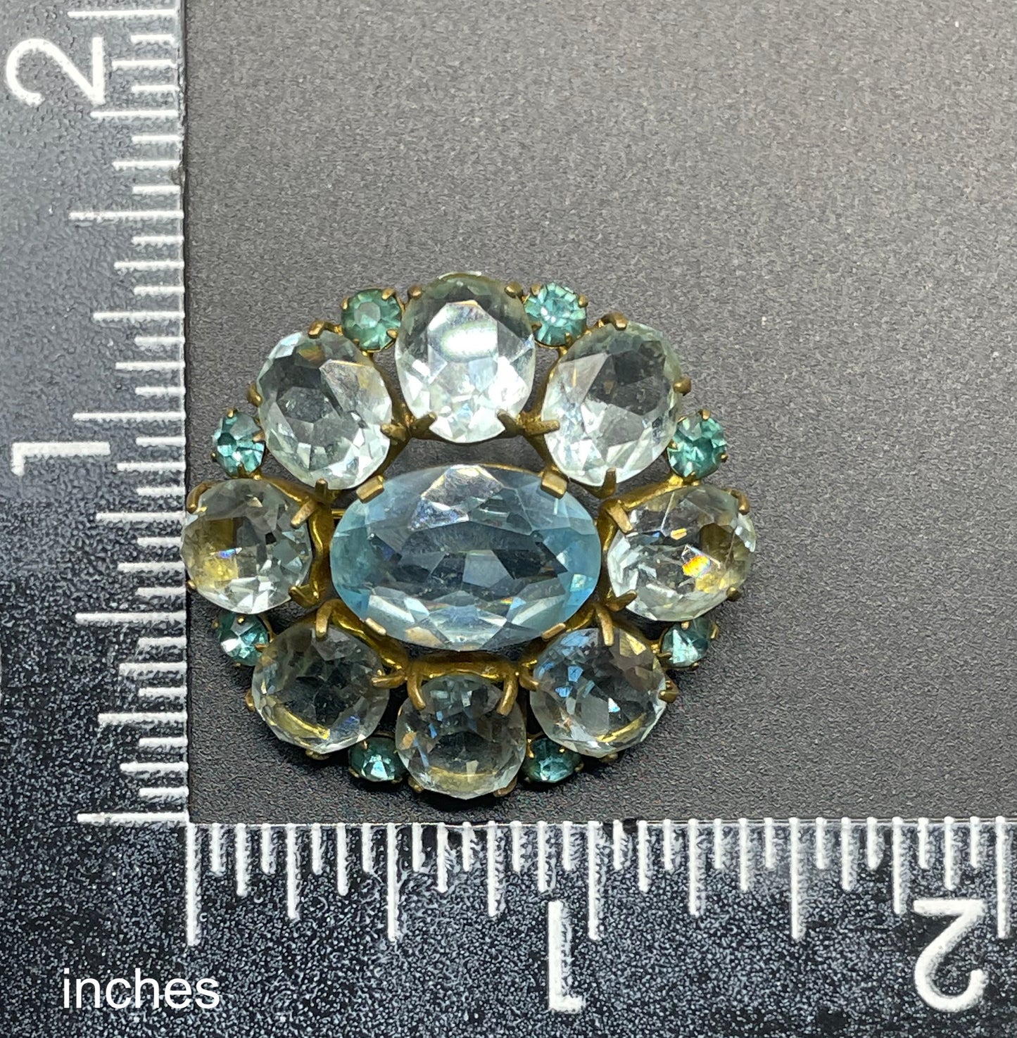 Vintage Art Deco two shades of very pale aqua blue glass rhinestone, open-backed, gold tone brooch pin, stunning colour