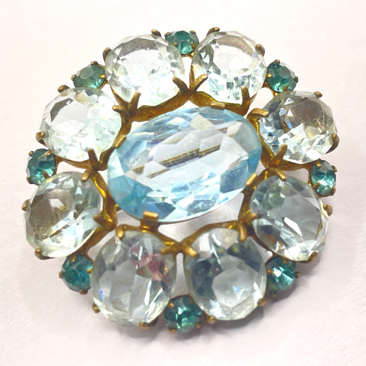 Vintage Art Deco two shades of very pale aqua blue glass rhinestone, open-backed, gold tone brooch pin, stunning colour