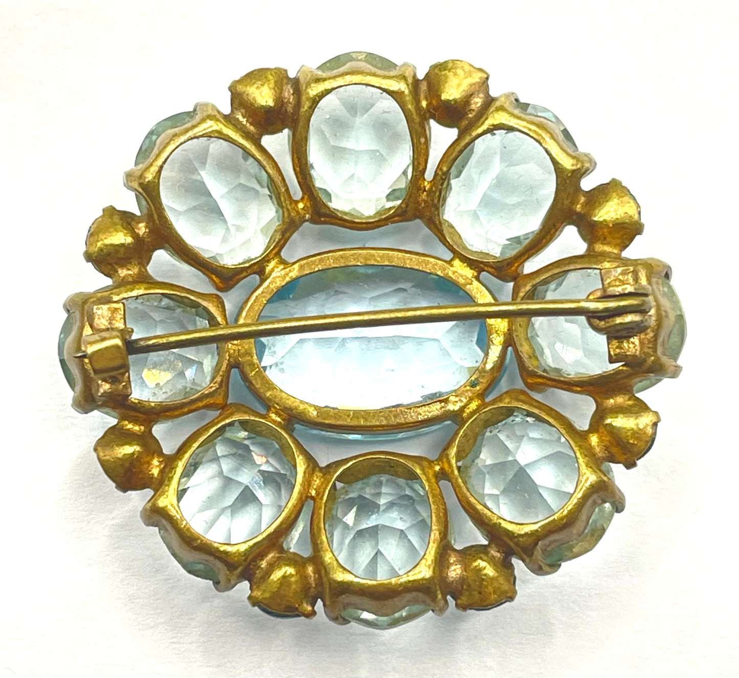 Vintage Art Deco two shades of very pale aqua blue glass rhinestone, open-backed, gold tone brooch pin, stunning colour