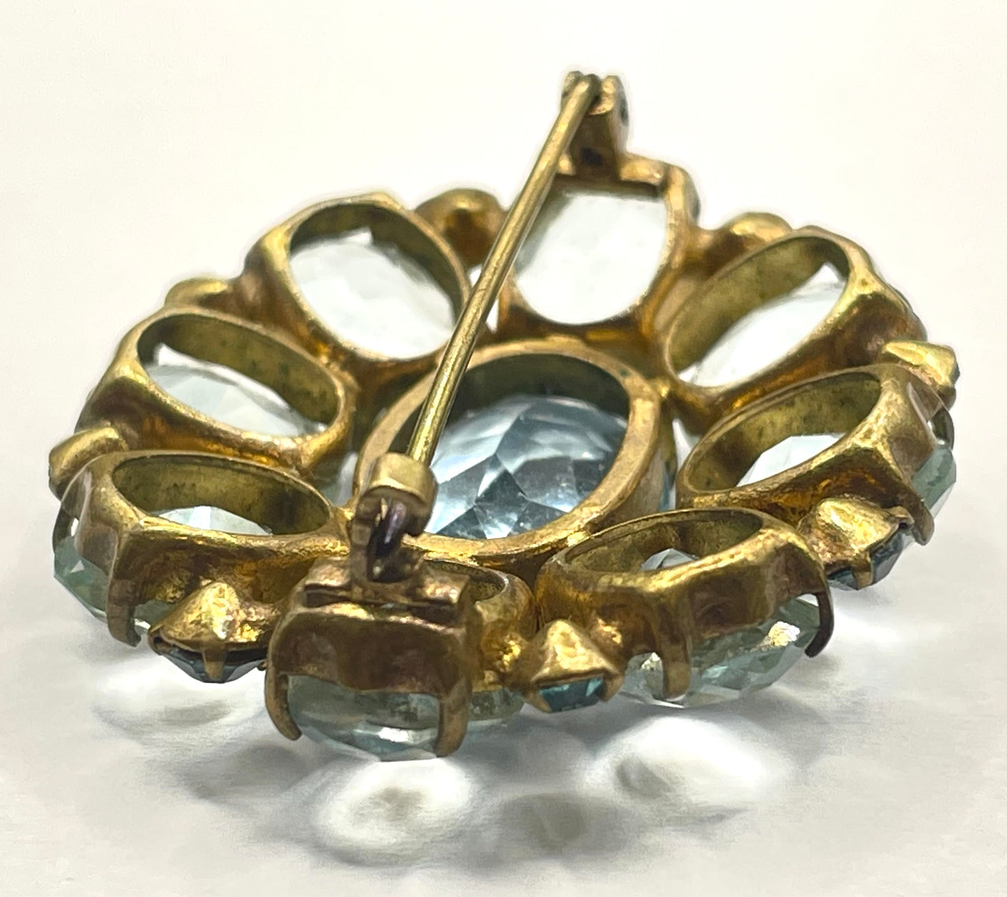 Vintage Art Deco two shades of very pale aqua blue glass rhinestone, open-backed, gold tone brooch pin, stunning colour