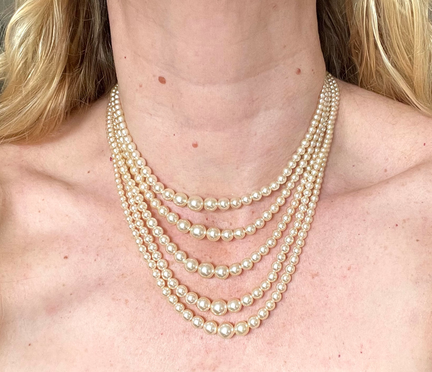 Vintage five strand glass faux pearl necklace with ornate clear rhinestone box clasp, graduated glass pearls