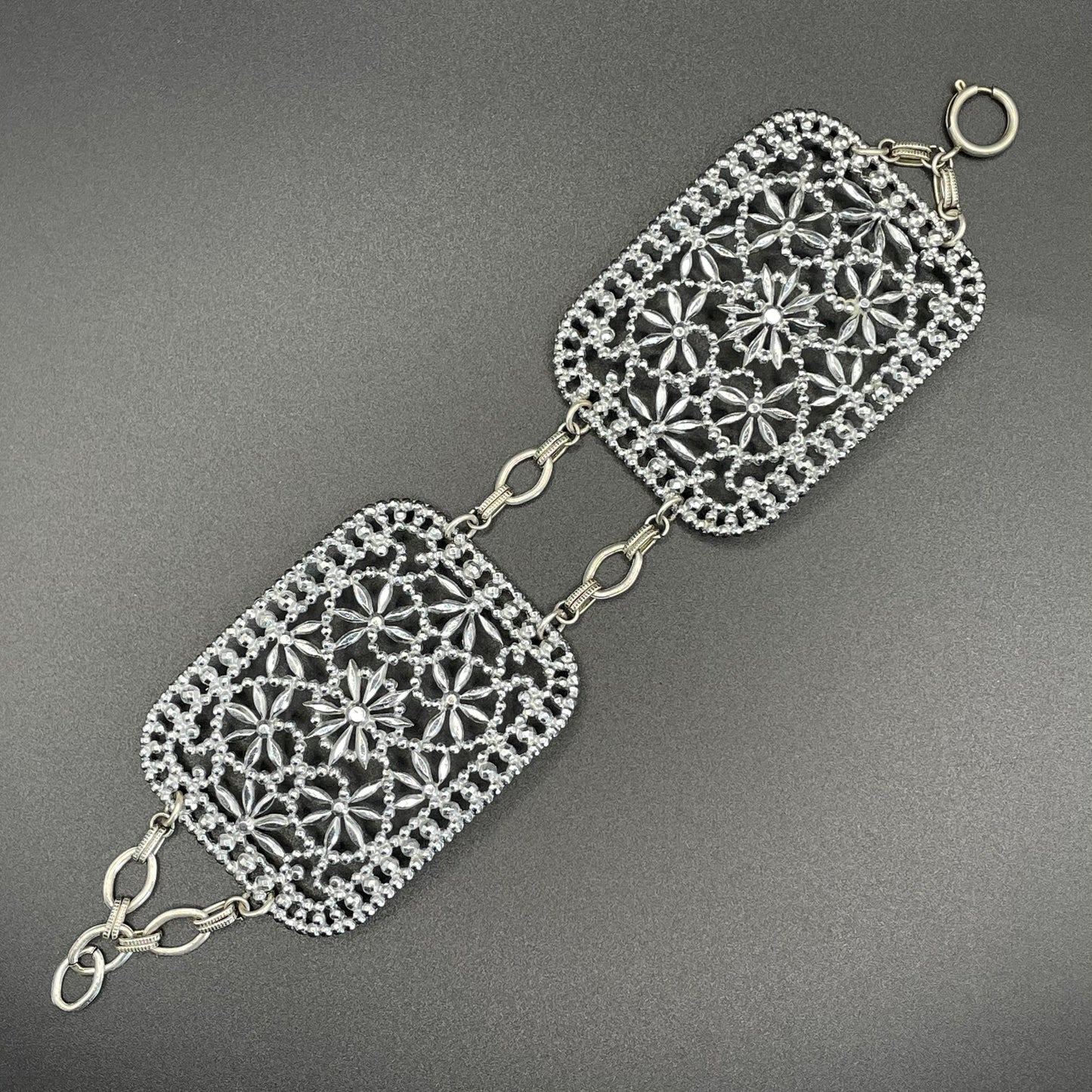 Antique Georgian to Victorian faceted cut steel double panel bracelet, rectangular shaped panels, beautifully ornate, sparkly piece