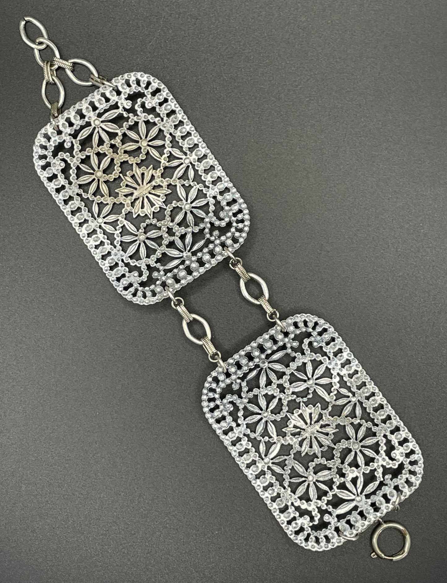 Antique Georgian to Victorian faceted cut steel double panel bracelet, rectangular shaped panels, beautifully ornate, sparkly piece