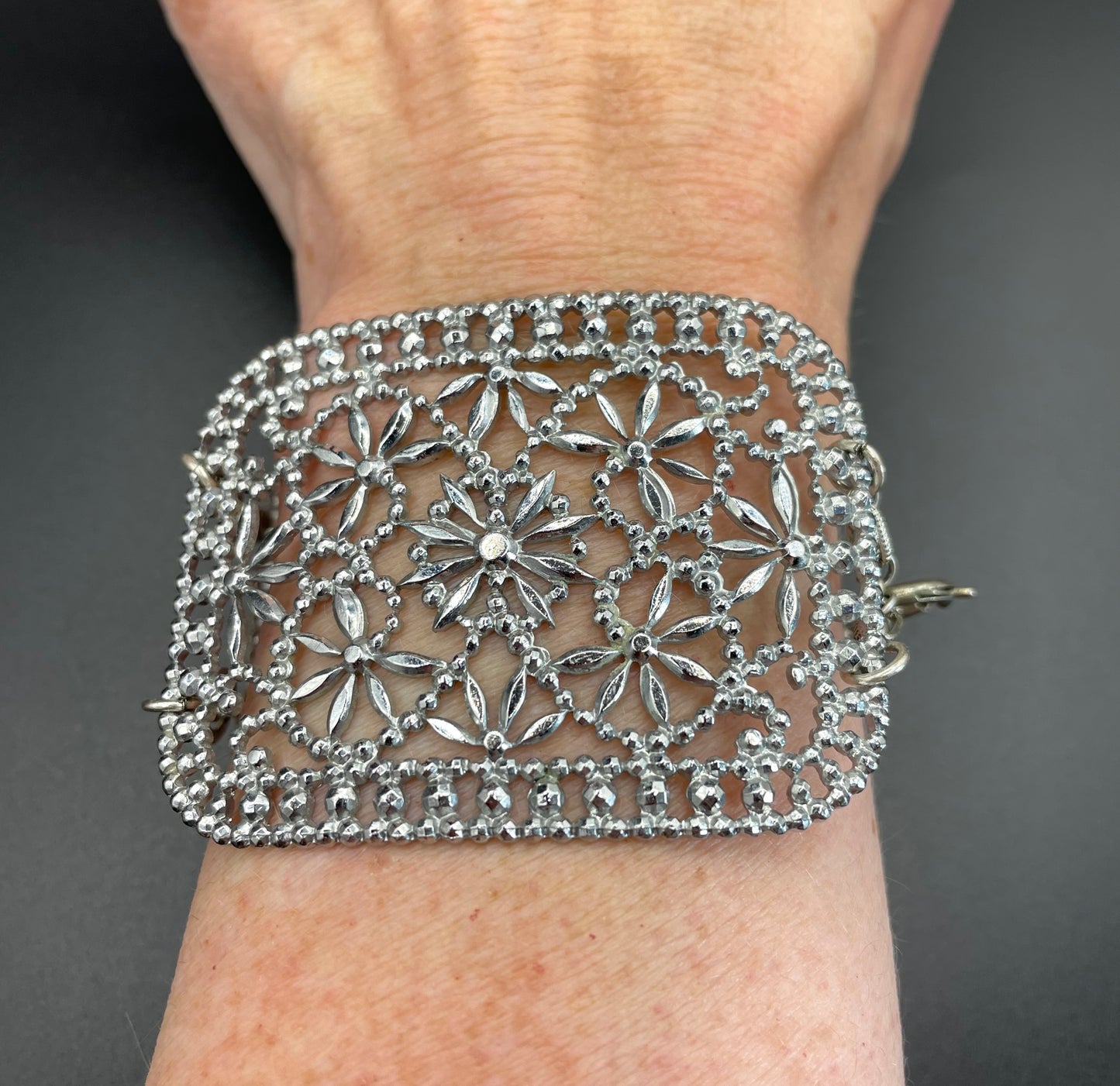 Antique Georgian to Victorian faceted cut steel double panel bracelet, rectangular shaped panels, beautifully ornate, sparkly piece