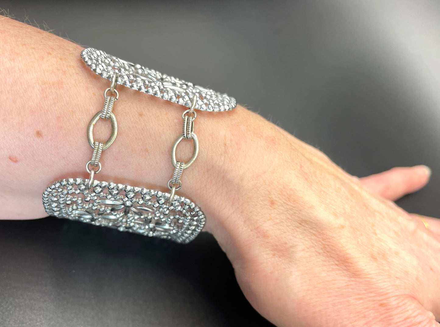 Antique Georgian to Victorian faceted cut steel double panel bracelet, rectangular shaped panels, beautifully ornate, sparkly piece