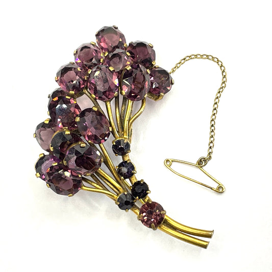 Large vintage Art Deco gorgeous vibrant amethyst purple crystal Czech flower bouquet brooch, open-backed rhinestones in gold tone
