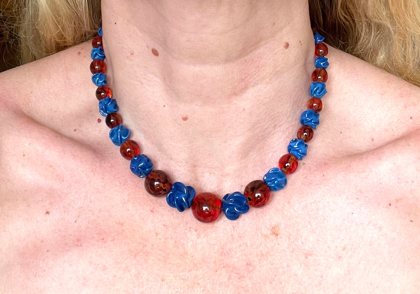 Vintage Louis Rousselet uranium glass Art Deco necklace on foxtail chain - marbled brown uranium glass and poured glass blue floral beads