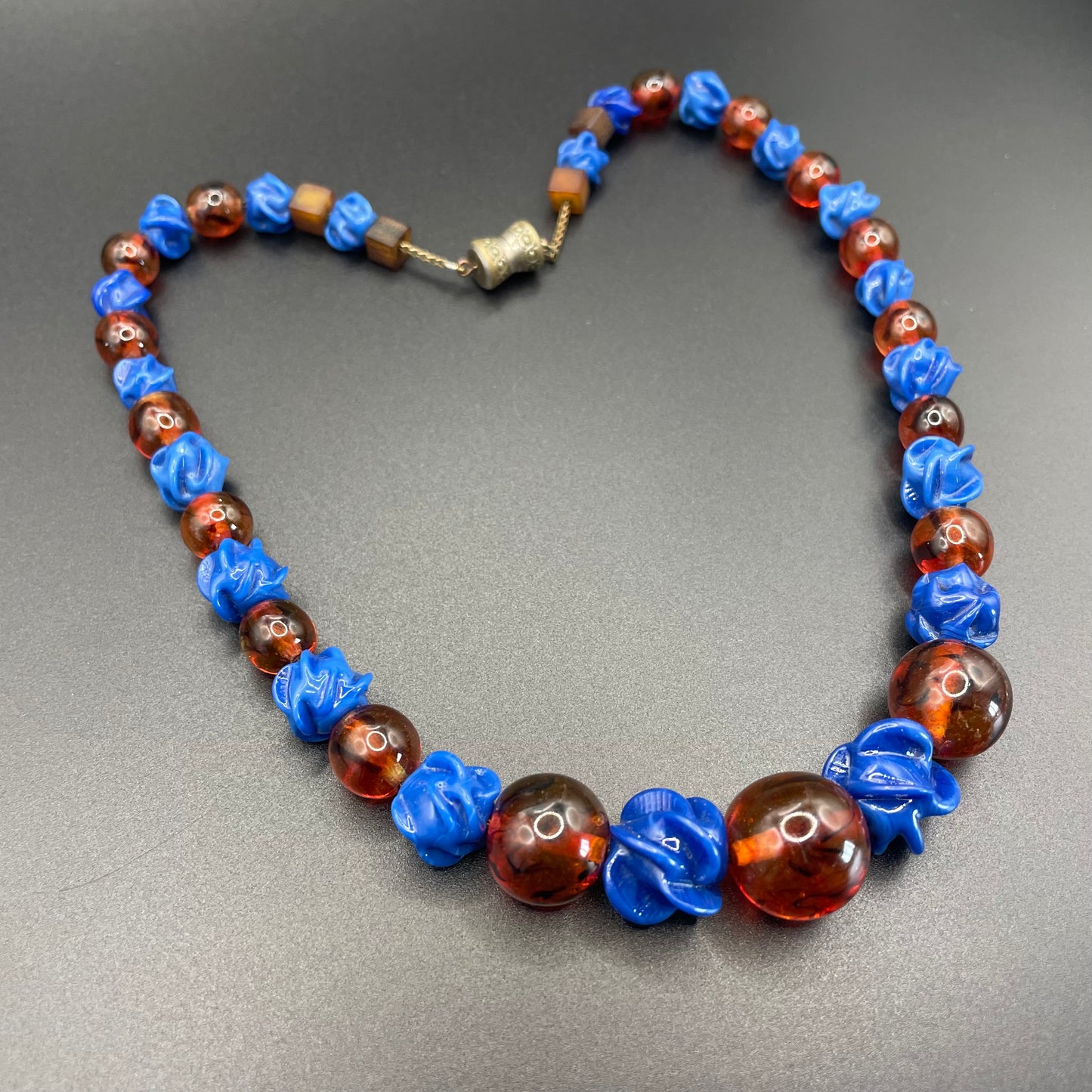 Vintage Louis Rousselet uranium glass Art Deco necklace on foxtail chain - marbled brown uranium glass and poured glass blue floral beads