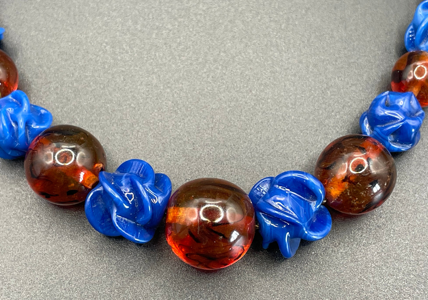 Vintage Louis Rousselet uranium glass Art Deco necklace on foxtail chain - marbled brown uranium glass and poured glass blue floral beads