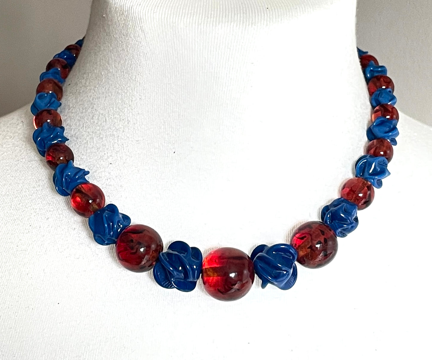 Vintage Louis Rousselet uranium glass Art Deco necklace on foxtail chain - marbled brown uranium glass and poured glass blue floral beads