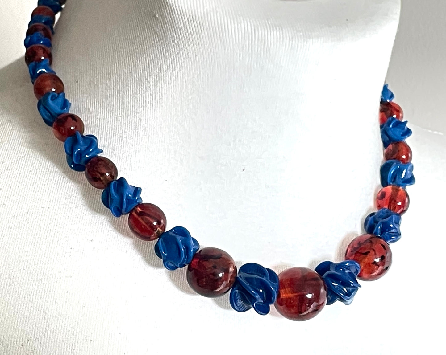 Vintage Louis Rousselet uranium glass Art Deco necklace on foxtail chain - marbled brown uranium glass and poured glass blue floral beads