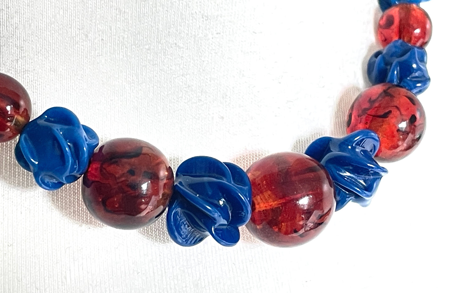 Vintage Louis Rousselet uranium glass Art Deco necklace on foxtail chain - marbled brown uranium glass and poured glass blue floral beads