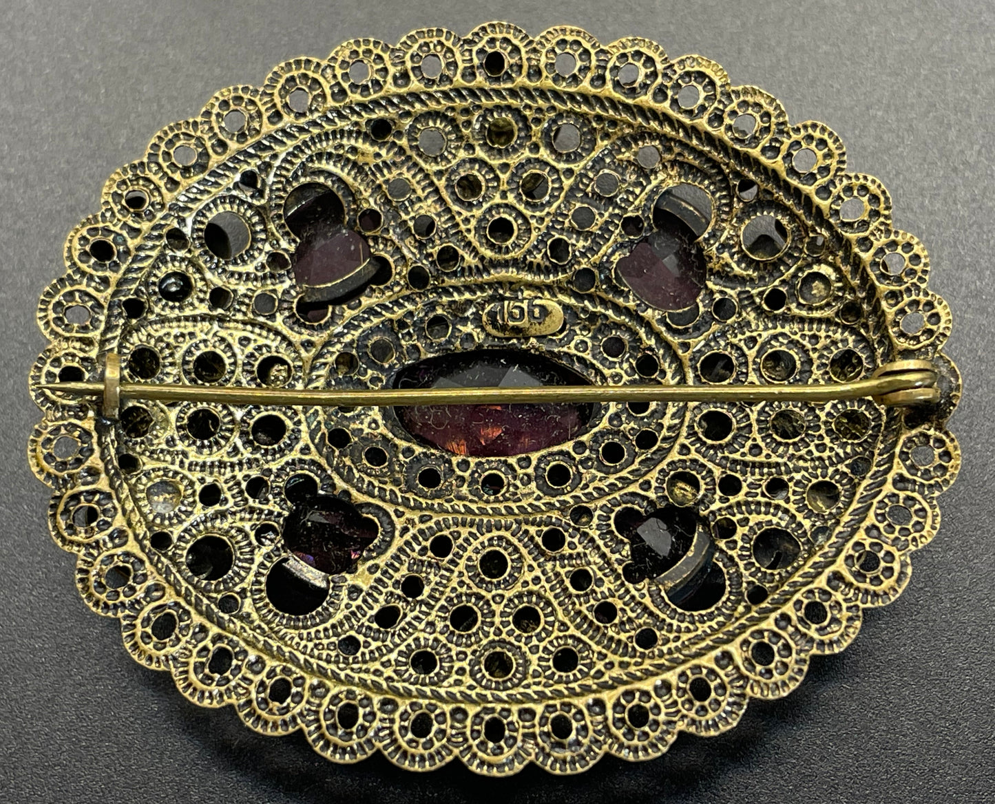 Large vintage Neiger style Art Deco amethyst purple glass rhinestone Czech brooch in antique gold tone filigree, floral design