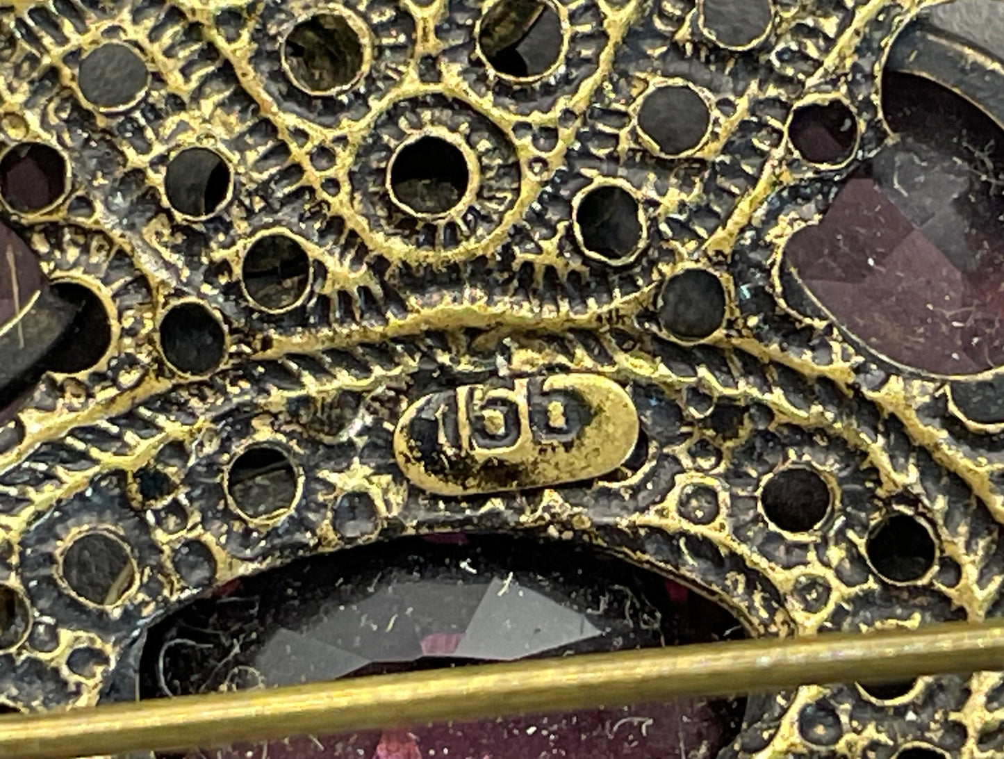 Large vintage Neiger style Art Deco amethyst purple glass rhinestone Czech brooch in antique gold tone filigree, floral design
