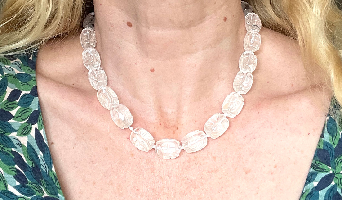 Vintage Art Deco carved rock crystal bead necklace, hand knotted, with Chinese character carvings, 112 grams