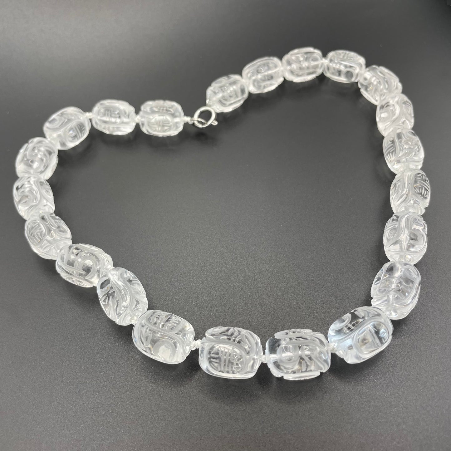 Vintage Art Deco carved rock crystal bead necklace, hand knotted, with Chinese character carvings, 112 grams