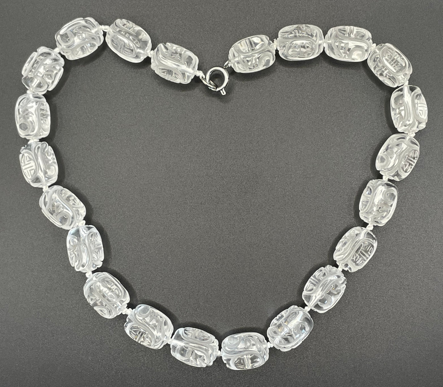 Vintage Art Deco carved rock crystal bead necklace, hand knotted, with Chinese character carvings, 112 grams