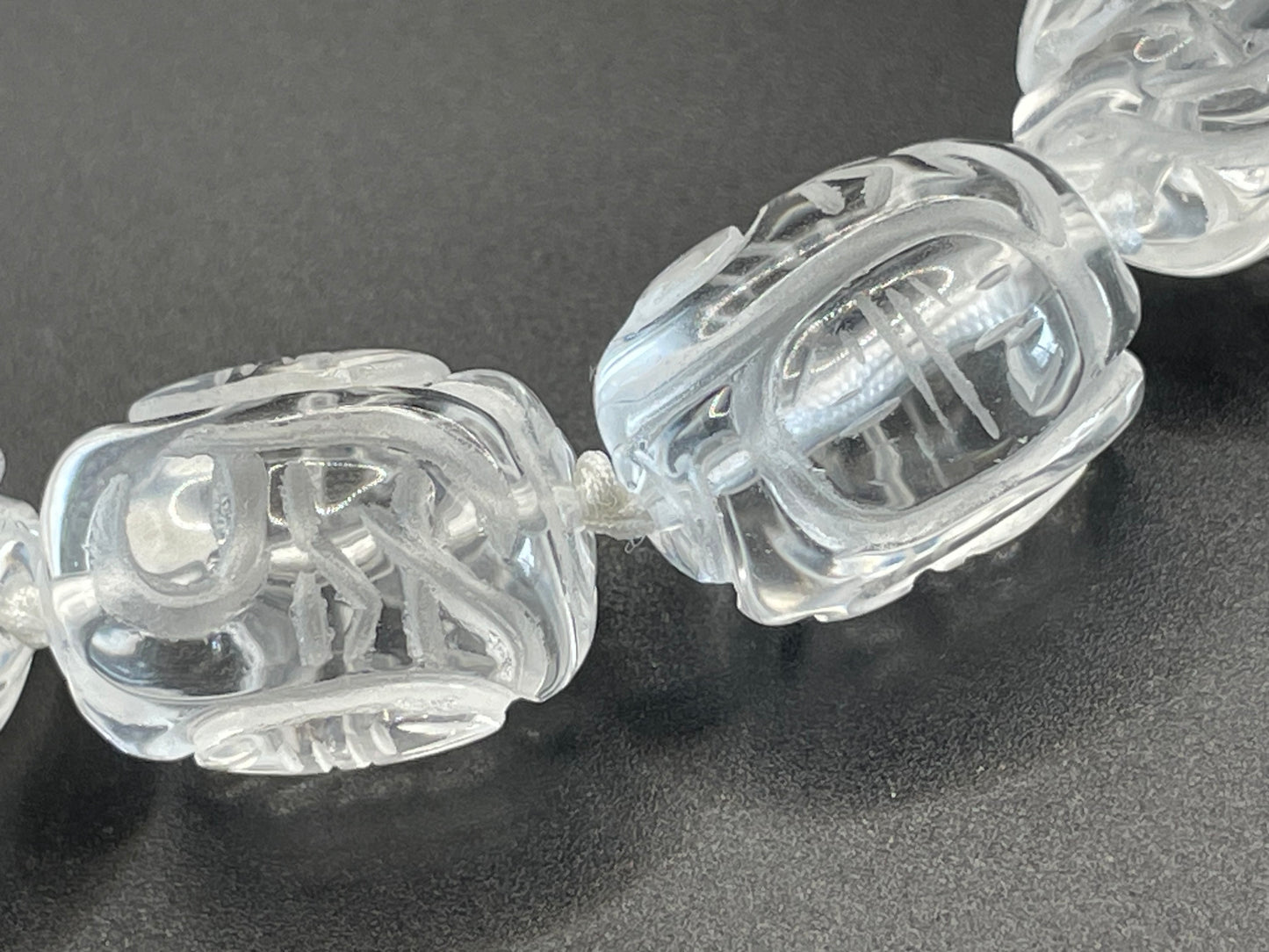 Vintage Art Deco carved rock crystal bead necklace, hand knotted, with Chinese character carvings, 112 grams