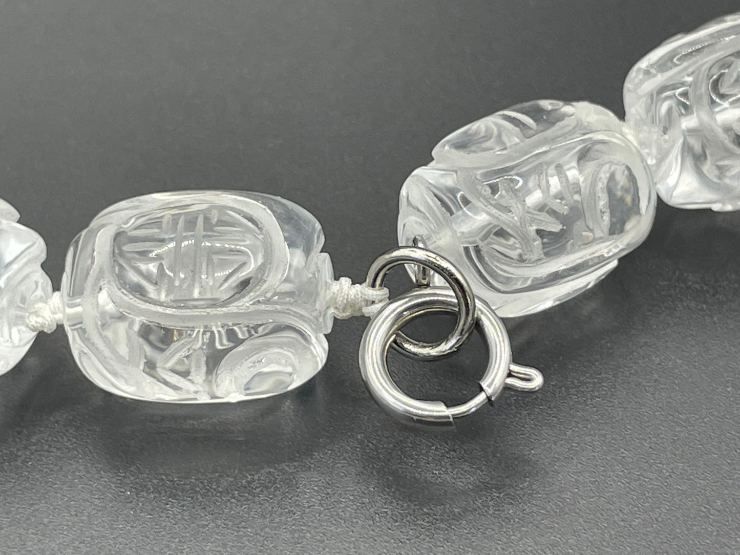 Vintage Art Deco carved rock crystal bead necklace, hand knotted, with Chinese character carvings, 112 grams