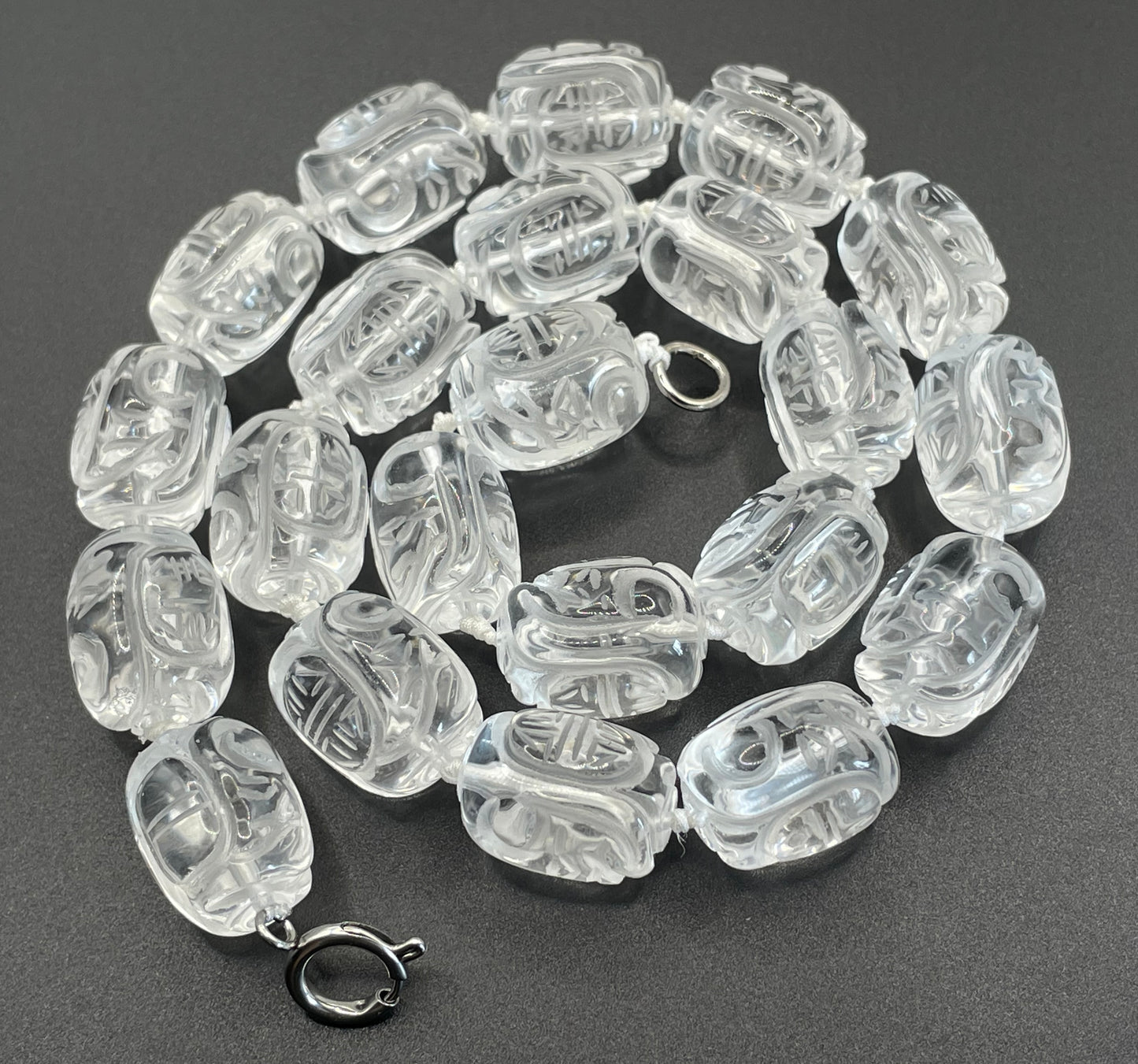 Vintage Art Deco carved rock crystal bead necklace, hand knotted, with Chinese character carvings, 112 grams