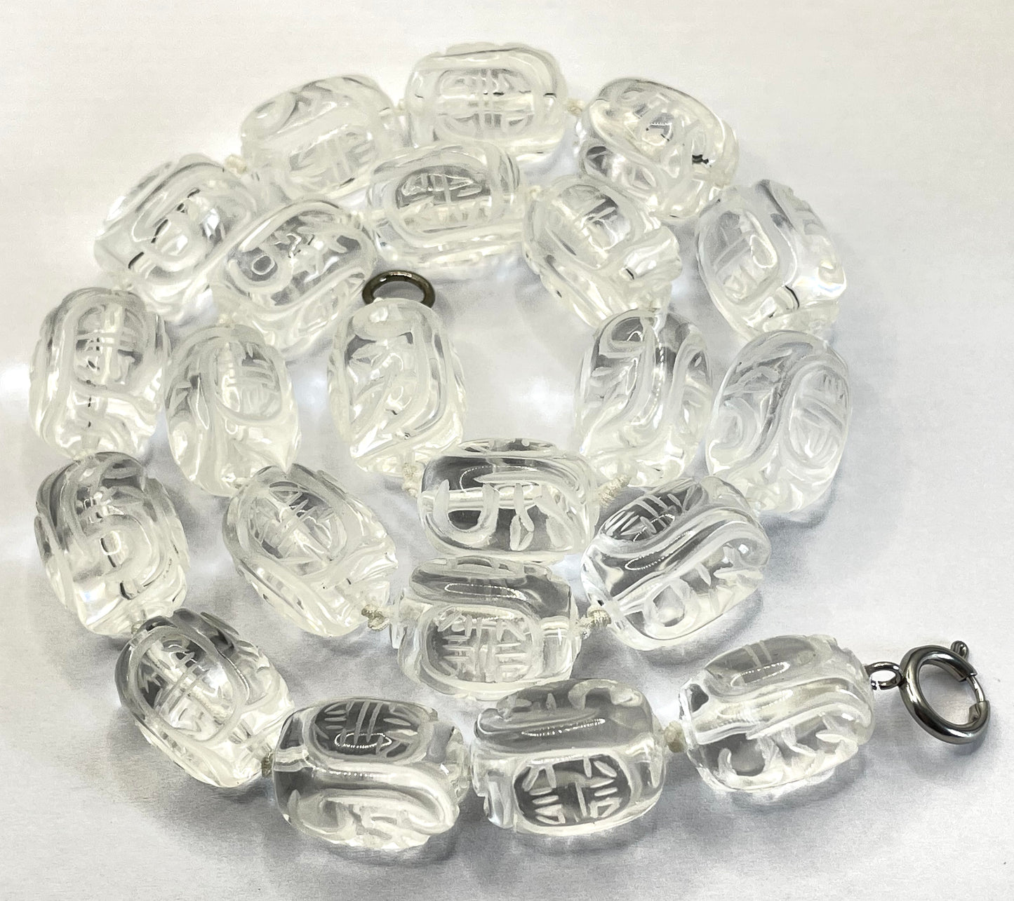 Vintage Art Deco carved rock crystal bead necklace, hand knotted, with Chinese character carvings, 112 grams