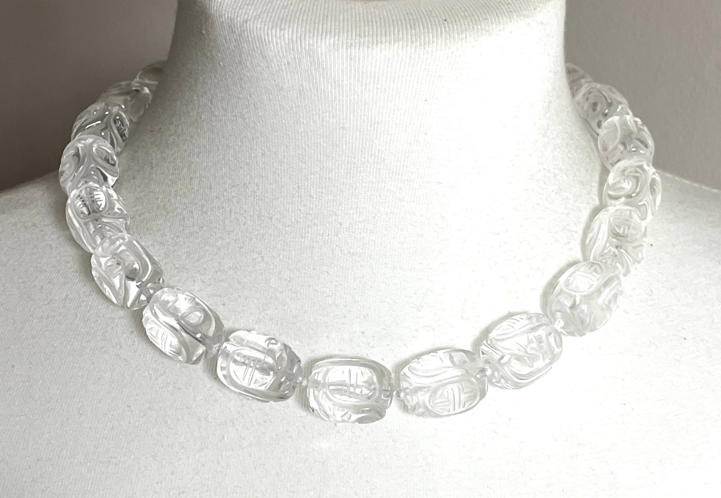 Vintage Art Deco carved rock crystal bead necklace, hand knotted, with Chinese character carvings, 112 grams