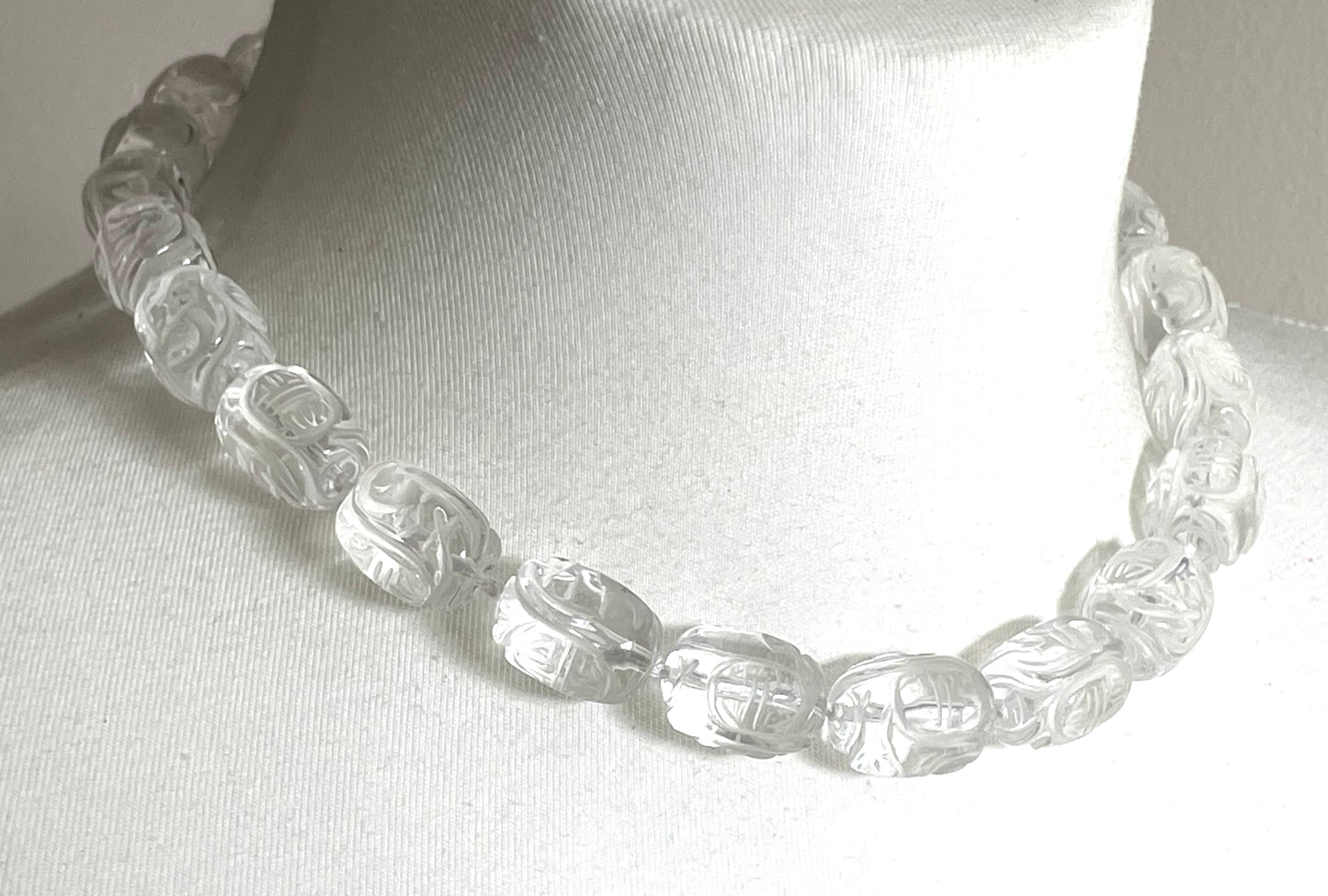 Vintage Art Deco carved rock crystal bead necklace, hand knotted, with Chinese character carvings, 112 grams