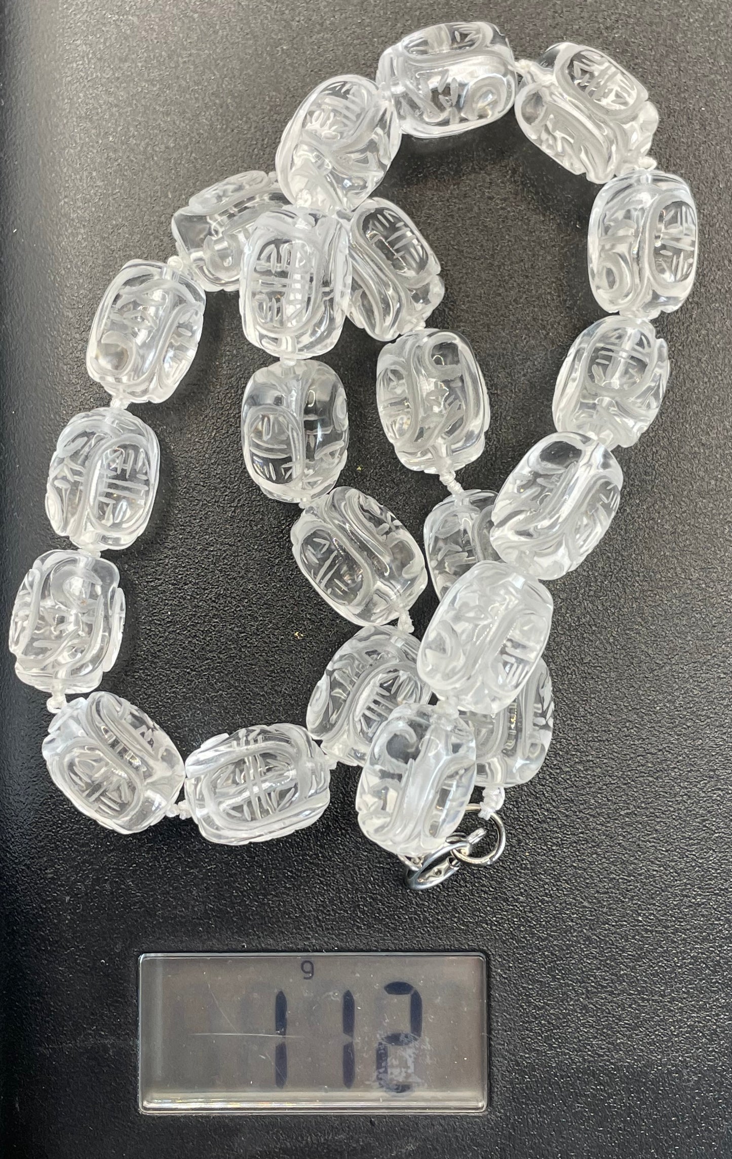 Vintage Art Deco carved rock crystal bead necklace, hand knotted, with Chinese character carvings, 112 grams