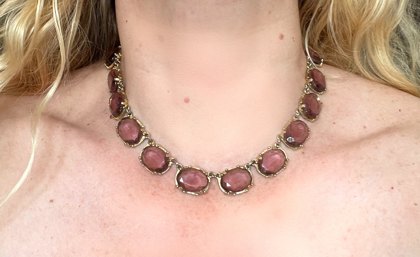 Vintage Sphinx amethyst purple / violet glass riviere necklace, heavy, bezel set, open-backed stones in ornate gold tone setting
